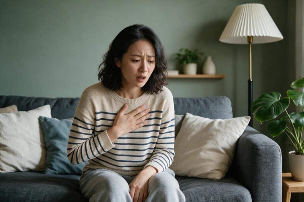 Woman experiencing acute chest discomfort and shortness of breath while resting at home for Coronary Artery Disease