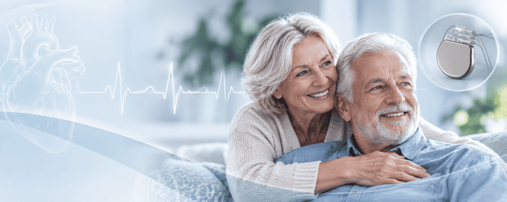 Senior couple smiling warmly on a sofa beside an inset graphic of an implantable cardiac pulse generator for Cardiac Monitoring and Pacemakers & Defibrillators