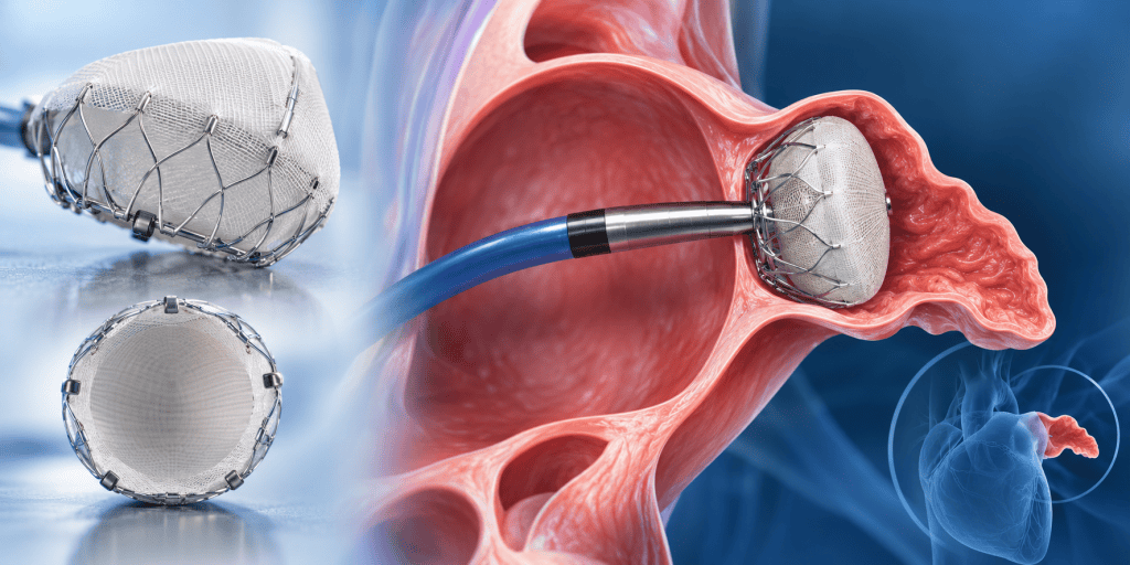 Medical graphic showing transcatheter deployment and placement in the heart for Left Atrial Appendage Occlusion Device