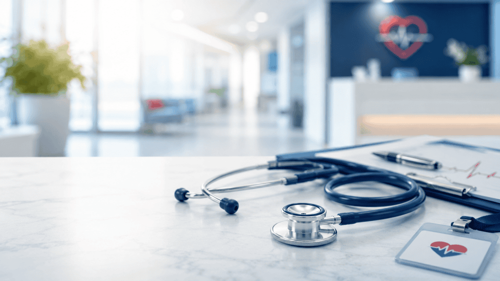 Stethoscope, medical clipboard, and staff identification badge resting on a clinic countertop in an empty healthcare lobby for Careers