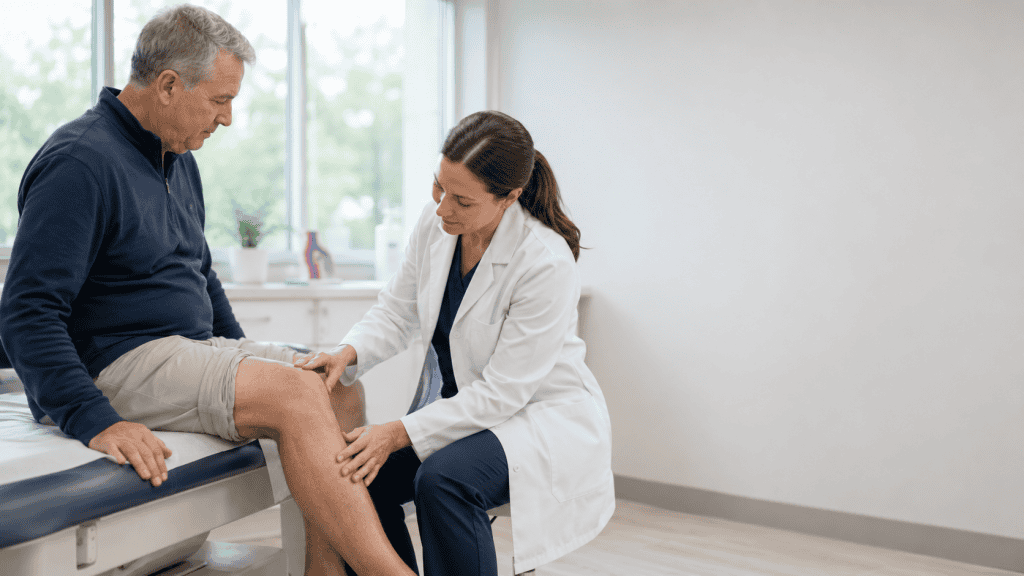 Female doctor examining a patient's lower leg during a clinical consultation for venous disease
