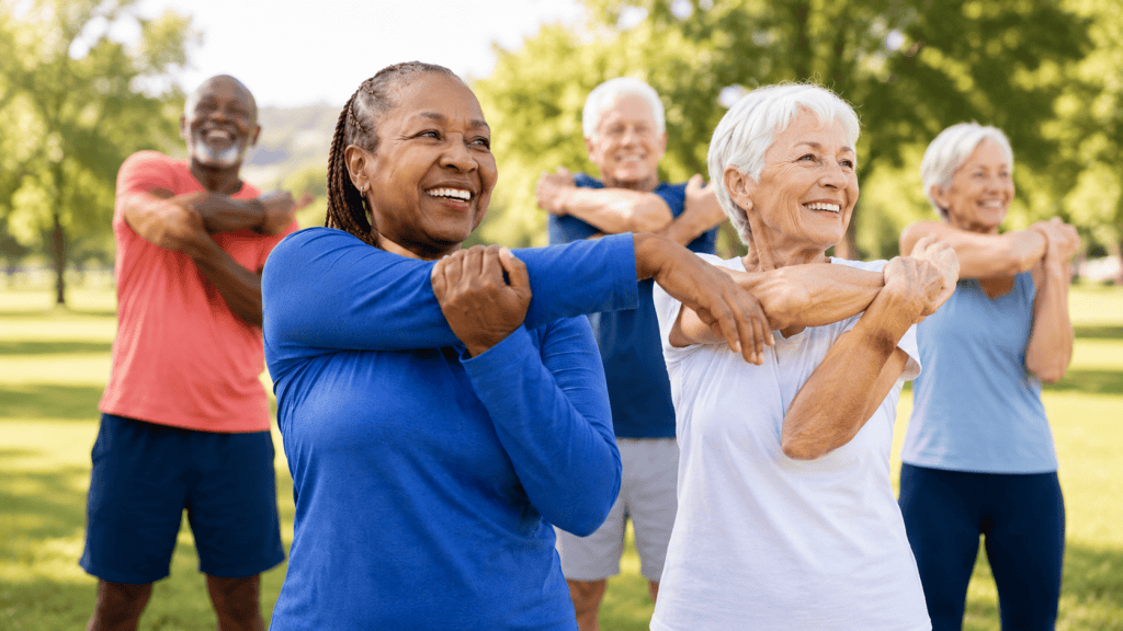 Group of active seniors stretching their arms together during an outdoor exercise class for High Blood Pressure