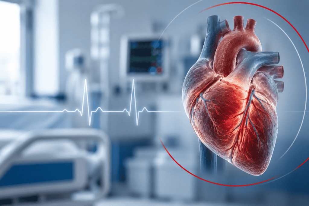 3D digital illustration of an anatomical human heart showing blood vessels and an EKG rhythm line in a hospital room setting for Heart Failure